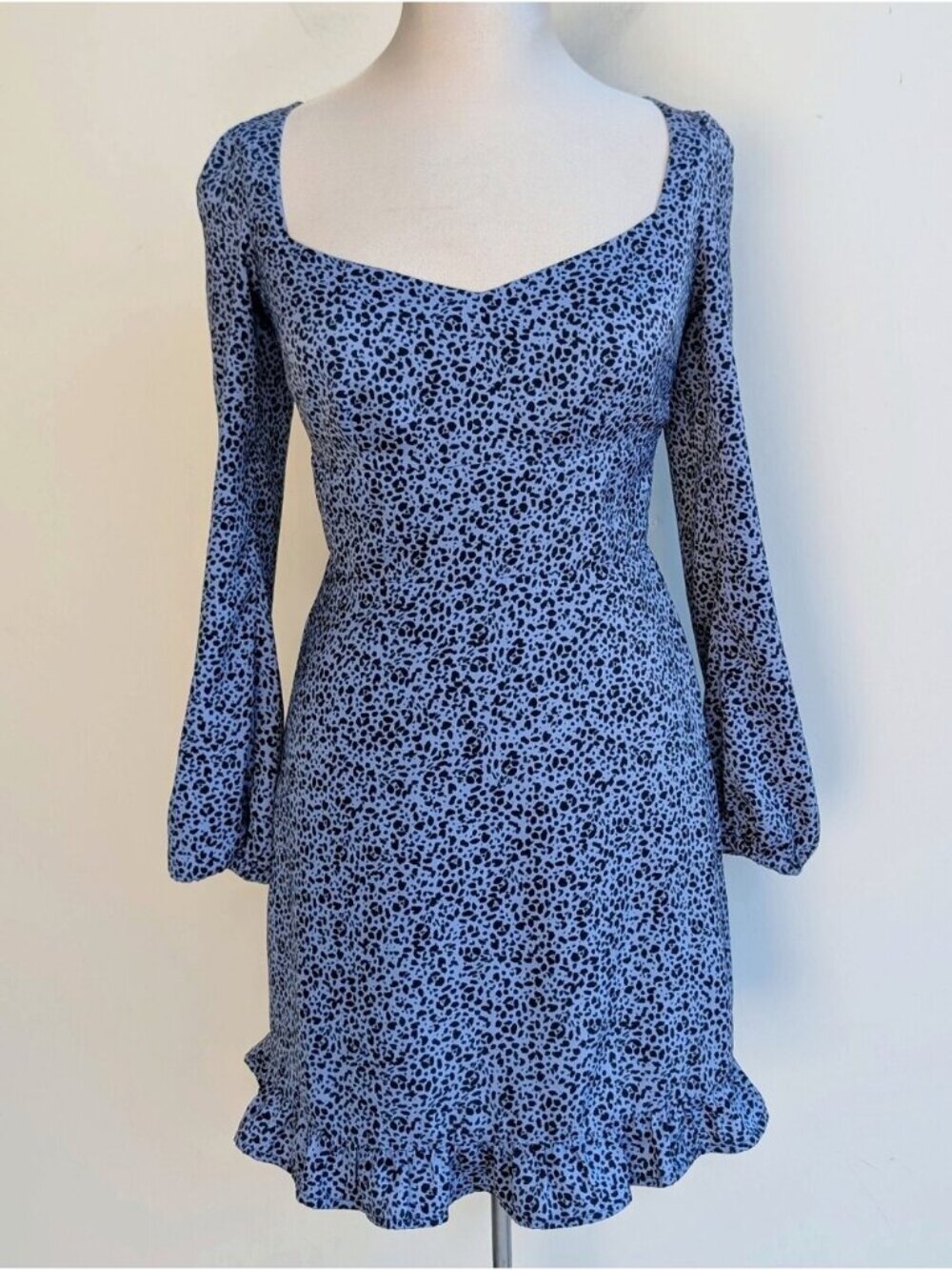 Dynamite Blue Leopard Print Long Sleeve Ruffle Dress